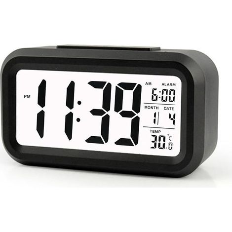 Sveglia digitale a LED con funzione snooze attivata da sensore di luce, retroilluminazione, visualizzazione di data e temperatura (nera) (1/5)