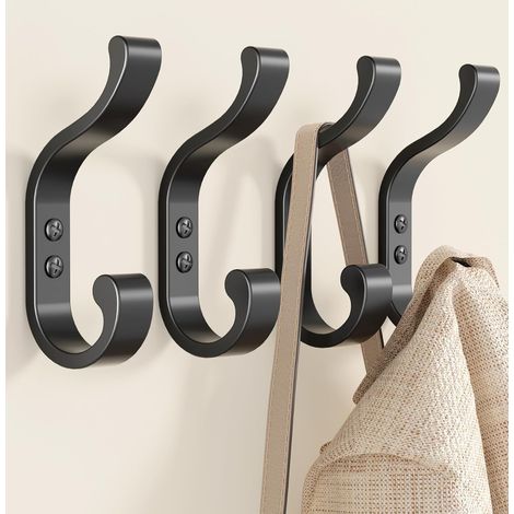 Crochets de garde-robe noirs à visser - Lot de 4 crochets muraux pour couloir, salle de bain et garde-robe, adaptés pour vestes, sacs à dos et serviettes (1/5)