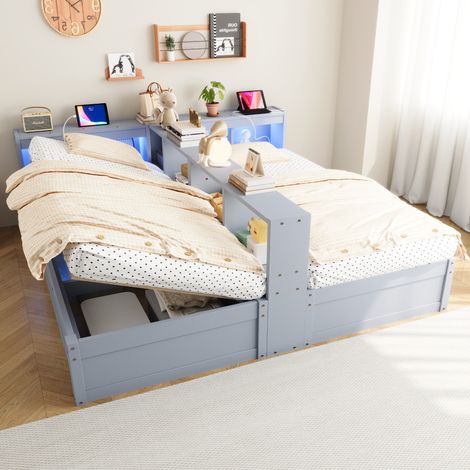 Letto multifunzionale moderno 90/180x200 cm in legno e MDF grigio, con LED, prese integrate e vano contenitore idraulico (1/5)