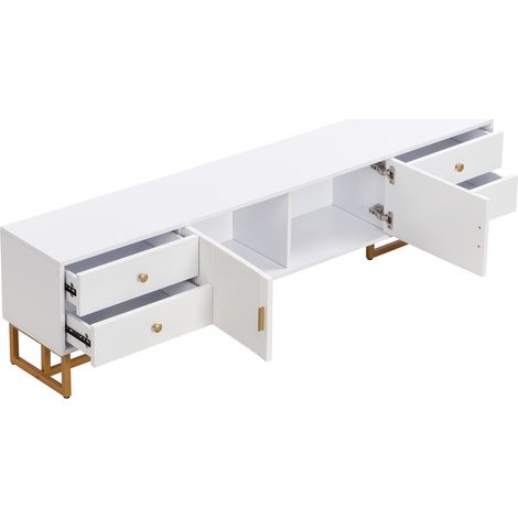 Meuble TV bas en MDF blanc avec portes texturées, tiroirs et poignées dorées, 175 cm (1/5)