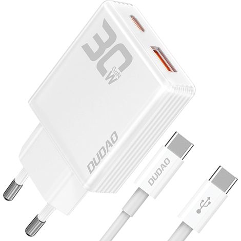 Cargador de pared Dudao A30EUT de 30 W GaN USB-A / USB-C + USB-C - Cable USB-C - Blanco