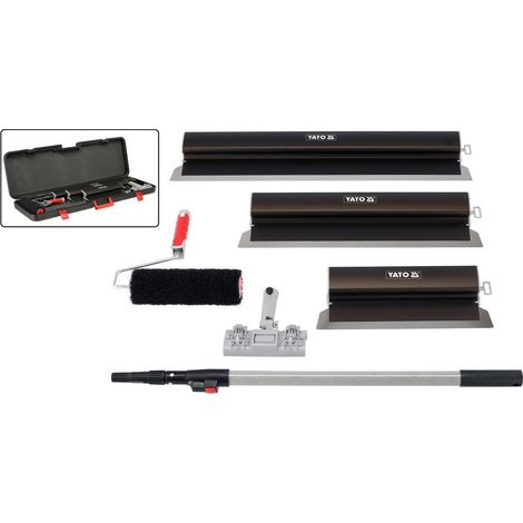 YATO Spachtelset 6 tlg Profi Flächenspachtel aus Edelstahl & Aluminium 400/600/800 mm inkl. Teleskopstiel, Roller & Koffer
