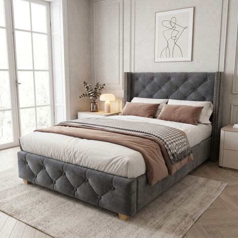 Cama tapizada 90200cm con somier y cabecero, tapizado con botones, tapizado con tachuelas, patas de madera, terciopelo, gris (OLD SKU:3099934AAG) (1/5)