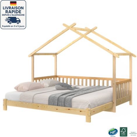 Lit enfant extensible 200x90 cm, bois naturel, simple ou double, en forme de maison, sans matelas, couleur bois naturel - Bois Certifié PEFC (1/5)