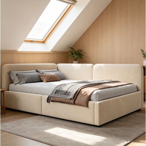 Lit banquette 140x200 cm moderne en tissu velours beige, avec tête de lit haute et coffre hydraulique (1/5)