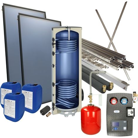 Le Sanitaire – Chauffe-eau solaire 300 litres – 2 capteurs 4plus – Montage vertical sur toit plat – Régulation différentielle OEG KSW-E