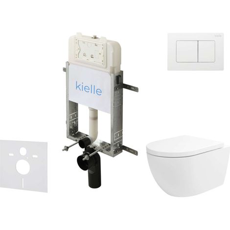kielle Genesis New - Set bâti-support, WC Oudee, Vortex Rimless+, abattant softclose et bouton-poussoir Gemini New III, blanc brillant 30528SZ25