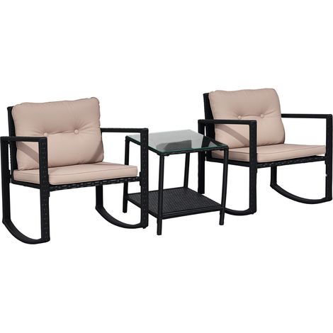 Salon de jardin cosy 3 pièces noir et marron, avec 2 fauteuils à bascule, coussins d’assise et de dossier, table basse en verre trempé, cadre acier et résine tressée imitation rotin (1/5)