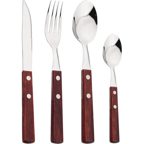Ensemble de couverts 4 pièces en acier inoxydable 304 Manche en bois massif Couverts renforcés pour durabilité Ustensiles de service vintage (1/4)