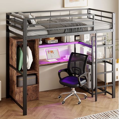 Cama alta moderna 90x200 cm de metal y MDF negra con escritorio, cajón, estantes, barandillas y LED (1/5)