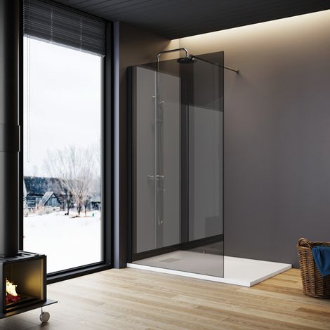 ELEGANT Walkin Shower Screen Wet Room 8mm Easy Clean Safety Glass Bath Panel Grey,1000mm,Black Support Bar (1/5)