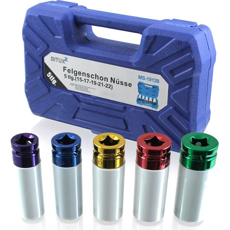 BITUXX 5 tlg Schlagnuss Felgenschon Set Steckschlüssel Nuss Kfz Radwechsel Pkw für Schlagschrauber oder Drehmomentschlüssel Aufnahme 1/2" (15mm / 17 mm / 19 mm / 21 mm / 22mm)