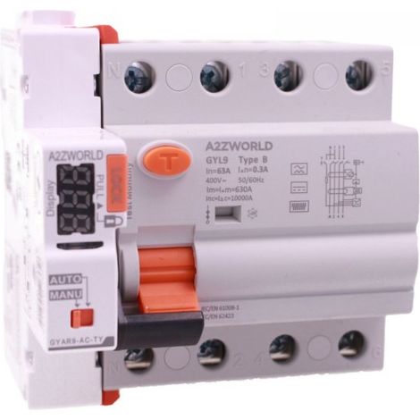 A2ZWORLD RCCB Interruttore Differenziale Puro Connesso WiFi Con Riarmo Automatico Tipo B 3P+N 5M 10000A 63A AC 400V IP20 IEC61008-1 / IEC62423 GYL9, Disponibili 30mA 300mA (300mA/0.3A)