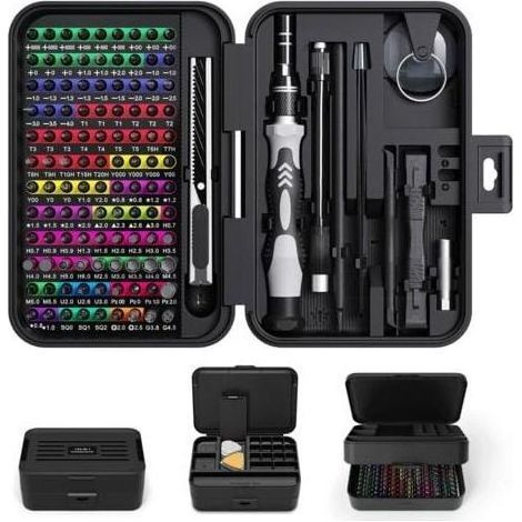 Tournevis de Précision, 132Pcs Kit Coffret tournevis de précision et embouts, Magnétique, Multifonction Bricolage Outillage, pour iphone, Switch, PS4, Mac, Laptop, Lunettes, Montre, Noir (1/4)