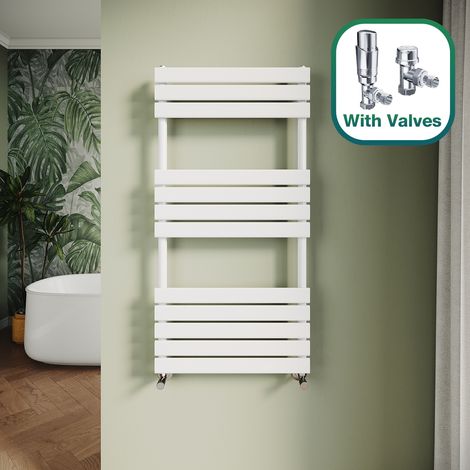ELEGANT Modern Central Heating Towel Radiator Bathroom Flat Panel Heated Towel Rail 1200x600mm White + Chrome Thermostatic Radiator Valves