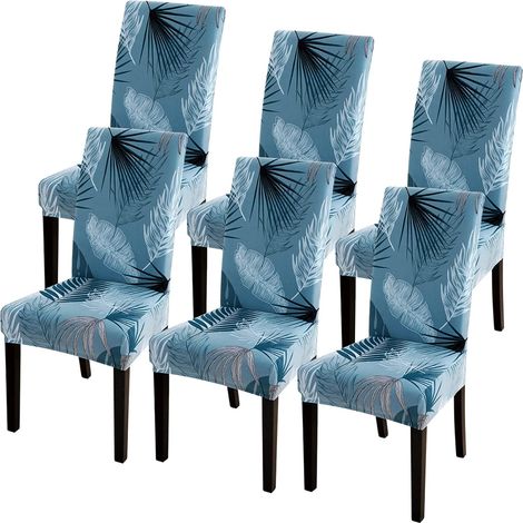 6pcs amovible lavage à l'eau impression élastique spandex tissu housse de chaise (bleu) (1/5)