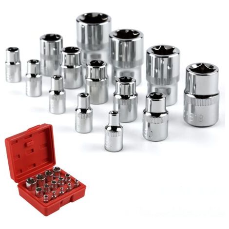 Set di 14 chiavi a bussola Torx, con attacco Torx interno, realizzate in acciaio al cromo-vanadio, 3 misure: 1/4", 3/8", 1/2", con pratica custodia.