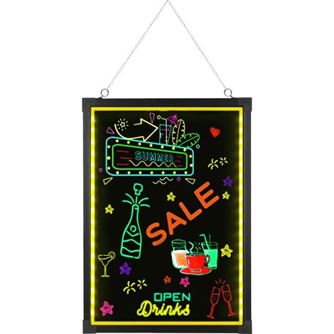 YISSALE- Tableau d'écriture LED lumineux noir 50x70 cm, tableau de message effaçable effet néon, 18 effets clignotants et télécommande pour boutique, bar, restaurant, maison. (1/5)