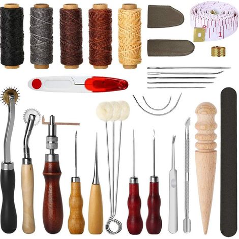 31-teiliges Ledernähwerkzeug-Set zum Selbermachen, Lederbearbeitungszubehör inklusive Rillwerkzeug, Ahle und gewachstem Fingerhut