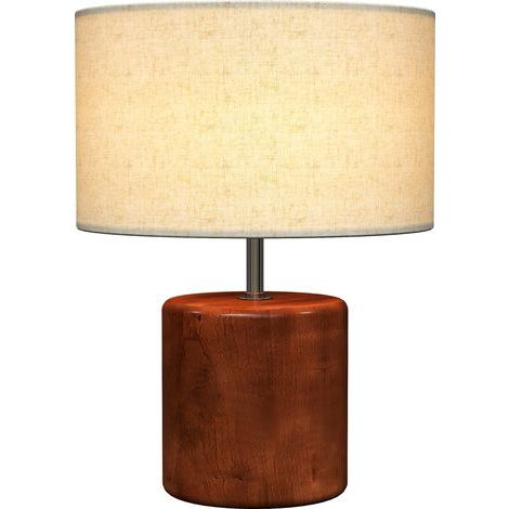 Lampe de table rustique, lampe de chevet avec pied en bois, abat-jour en lin, interrupteur à bascule, marron (1/5)