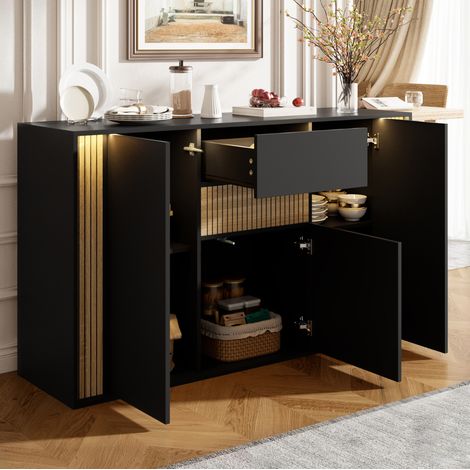 Madia con 3 ante, 1 cassetto e LED regolabile, 140x40x82 cm, nero e naturale OKMYHOME (1/5)
