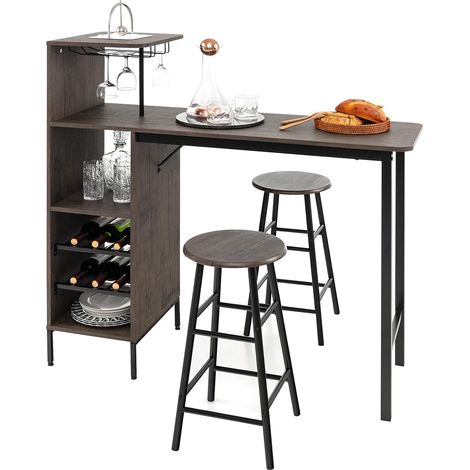 Goplus – Ensemble table à manger avec 2 chaises – Dimensions 120 x 40 x 35 cm – Étagère à vin 2 niveaux – Espace de rangement ouvert – Marron