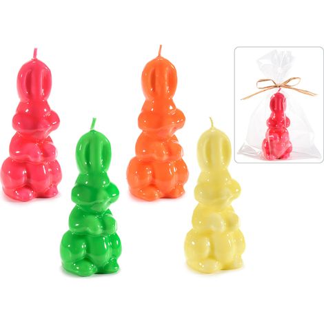 Candele a forma di coniglio pasquale colorate effetto lucido in confezione singola trasparente con fiocchetto, set da 8 pezzi, cm 5,5 x 5,5 x 12,5 H