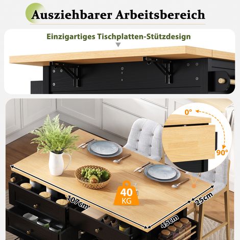 Cuisine roulante avec plan de travail escamotable et table extensible, chariot de cuisine à tiroirs multifonctions, parfait pour cuisine et salle à manger (Noir) (1/5)
