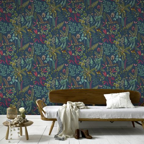 Papier peint intissé Feuillage tropical Vyani 1005 x 52cm Bleu, vert, rose (1/4)