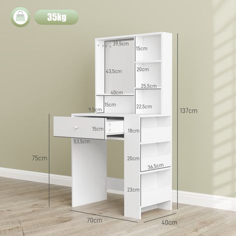 Coiffeuse élégante avec miroir, tiroir pratique, étagère latérale 3 niveaux, panneaux agglomérés, finition blanche (1/5)