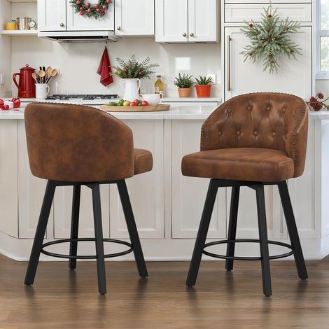 Barhocker 2er Set mit Lehne, 360° drehbar, 65 cm hoch, Kunstleder braun (1/5)