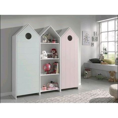 Ensemble 2 armoires enfant rose & vert menthe et 1 bibliothèque blanche bois laqué Camila