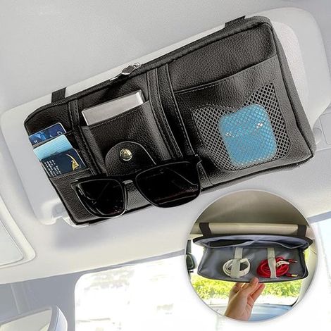 Organizer per aletta parasole auto in similpelle – Accessorio portaoggetti con scomparto interno, porta documenti e porta occhiali – Nero (1/5)