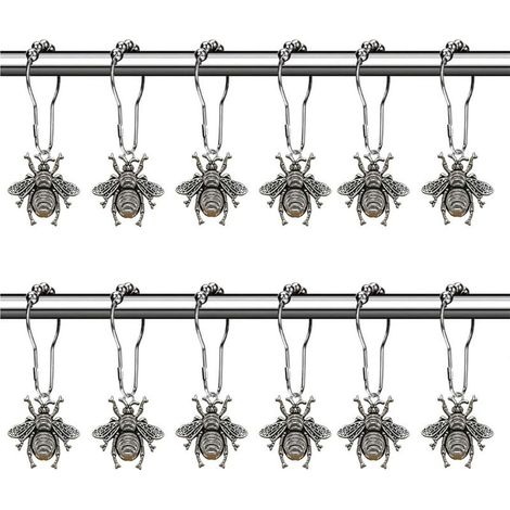 Set of 12 Bee Shower Curtain Hooks Rings Garden Insect Flowers Spring Theme Bathroom Decor Silver (1/5)
