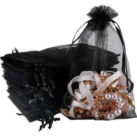 100 mittelgroße Organza-Geschenktüten, schwarze Schmucktüten, durchsichtige Beutel mit Kordelzug, Netzgeschenktüte mit Süßigkeiten (10 x 15 cm, Schwarz) (1/5)