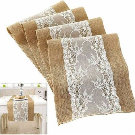 Vintage Chemin De Table Rustique Nappe En Toile De Jute Blanc Dentelle Toile De Jute Chemin De Table Décorations De Maison D'hiver De Noël Pour Mariage Festival De Décoration De Cas De Fêtes (1/4)