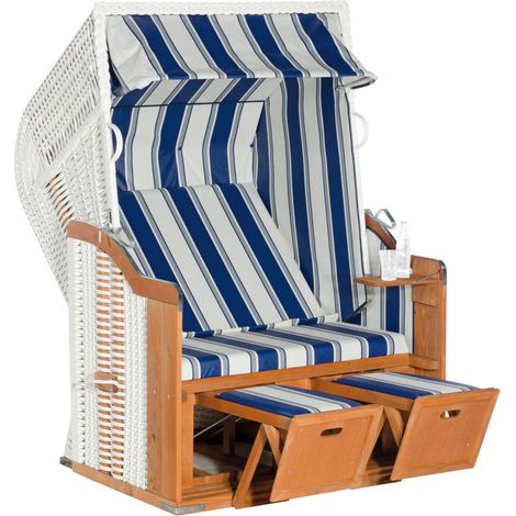 SunnySmart Rustikal Garten-Strandkorb 250 BASIC 2-Sitzer weiß/blau PVC-Stoff