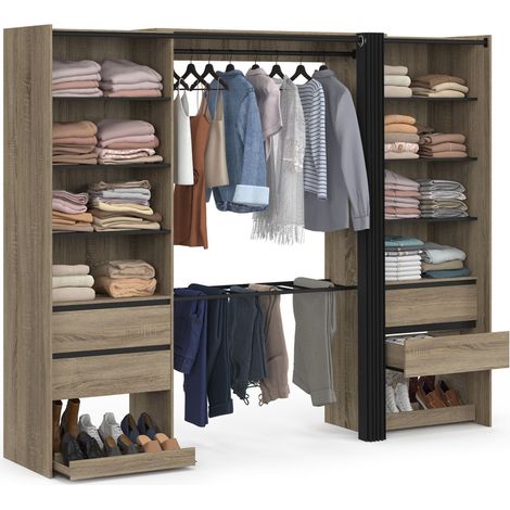 Dressing double XXL MERYL 220 cm avec porte pantalons + étagères + tiroirs + rangements à chaussures hêtre et noir