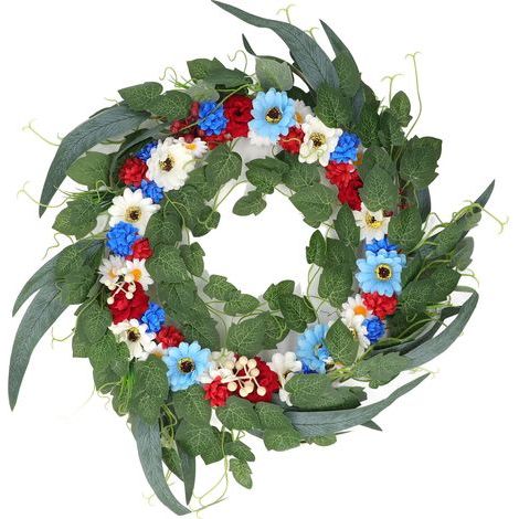 Couronne de fleurs patriotiques de 20 pouces, couleurs vives et vives, matériau Durable, largement utilisé, couronne du 4 juillet pour fête, chambre à coucher, jardin (1/5)