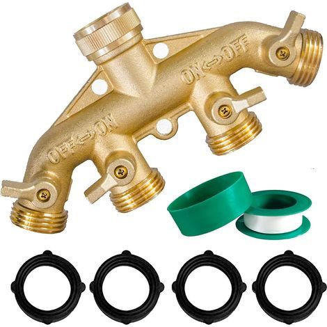 Messing-Gartenschlauchverteiler (4-Wege), 3/4-Zoll-Schlauchanschluss aus massivem Messing, 4-Ventil-Schlauchadapter mit 4 zusätzlichen Gummischeiben (1/5)