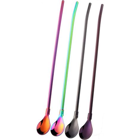 Pailles à boire avec cuillères, ensemble de 4 tubes et cuillères en acier inoxydable, cuillères à latte macchiato colorées avec pailles, cuillère à cocktail à long manche de 21,5 cm.