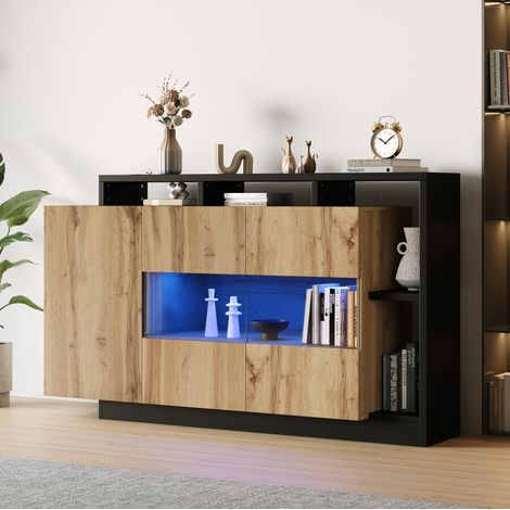 Credenza LED 140x44x93.5 cm legno e nero in MDF con illuminazione RGB Bluetooth e ripiani regolabili (1/5)