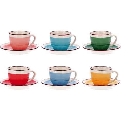 Set 6 Pezzi Tazze Tazzine Caffè in Ceramica Multicolor con Piattini