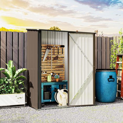 Outsunny Metall Gerätehaus 1,34m² 161,5 x 94,5 x 196cm Geräteschuppen mit Pultdach Abschließbarer Tür, wetterfest Garten Schuppen Outdoor Gartenhaus für Hinterhof Außenbereich Braun