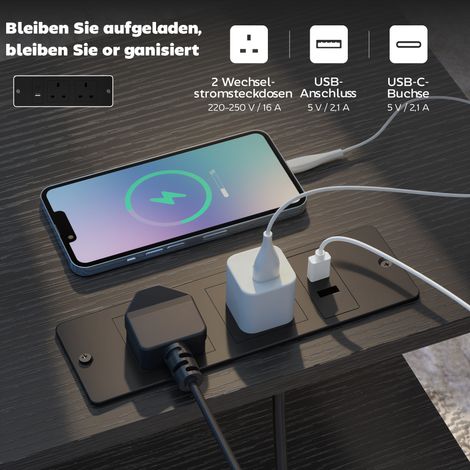 Table de chevet avec station de charge, cadre en acier, ports USB-C, tiroirs, crochets, 40x30x60 cm noir (1/5)