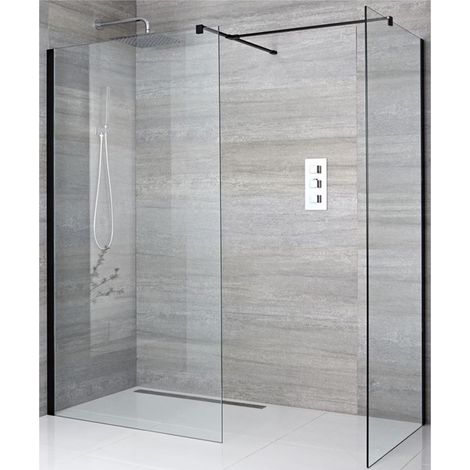 Milano Nero Black Corner Walk In Wet Room Shower Enclosure with 700mm & 900mm Screens and Support Arms - 800mm Tile Insert Shower Drain (1/5)