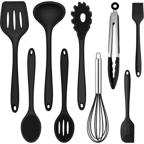 9-teiliges Set hitzebeständiger Küchenutensilien aus Silikon – inklusive Pfannenwender, Schneebesen und Grillzange – Antihaftbeschichtetes Küchenbesteck zum Backen und Kochen