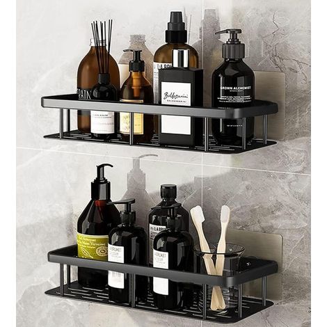 Etagère Douche sans Perçage en Aluminium Aéronautique, Rangement Salle de Bains Antirouille, Étagères salle de bain Auto-adhésif, Etagere de Douche sans Percage avec 4 Crochets - Noir (1/5)
