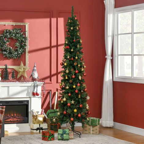 Albero di Natale da 225 cm con 706 rami, albero di Natale stretto a forma di matita con 56 pigne, base pieghevole, verde