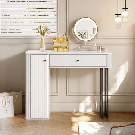 Coiffeuse, Ensemble Cosmétique avec Miroir LED, 1 Tiroir, 1 Porte, Éclairage LED 3 Couleurs, Dimensions : L 100 × H 116 × P 40 cm (sans Tabouret) (1/4)